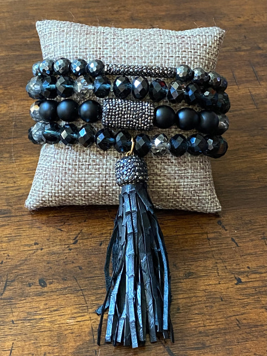 Ladies' Onyx and Hematite Bracelet Stack with Tassel