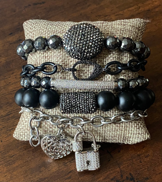 Onyx and Hematite Beaded and Chain Bracelet Stack