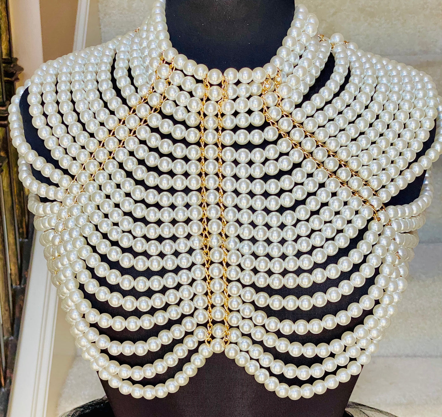 Faux Pearl Shawl Statement Necklace with Gold Accents