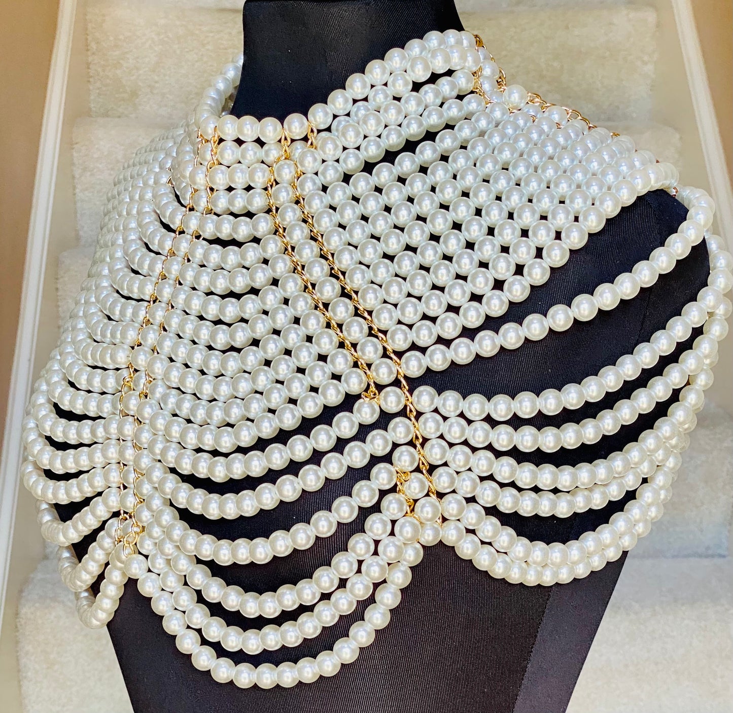 Faux Pearl Shawl Statement Necklace with Gold Accents