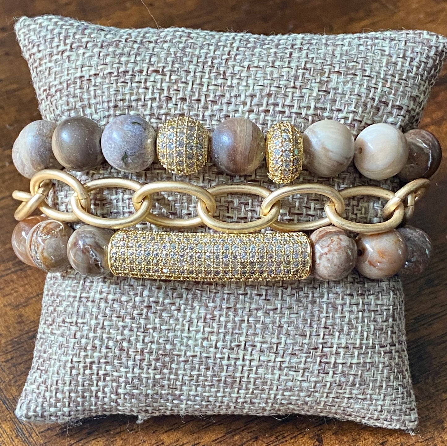 Petrified Wood and Gold Bracelet Stack