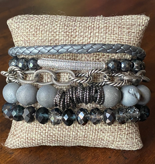 Platinum Druzy and Silver Bracelet Stack