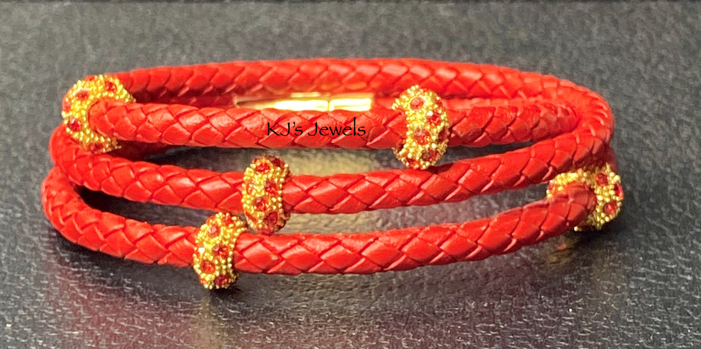 Red Triple Wrapped Braided Leather Bracelet