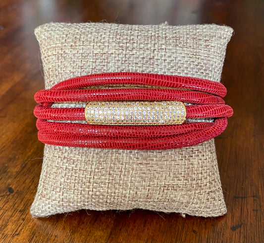 Ladies Multi Wrap Red Reptile Print Leather Bracelet