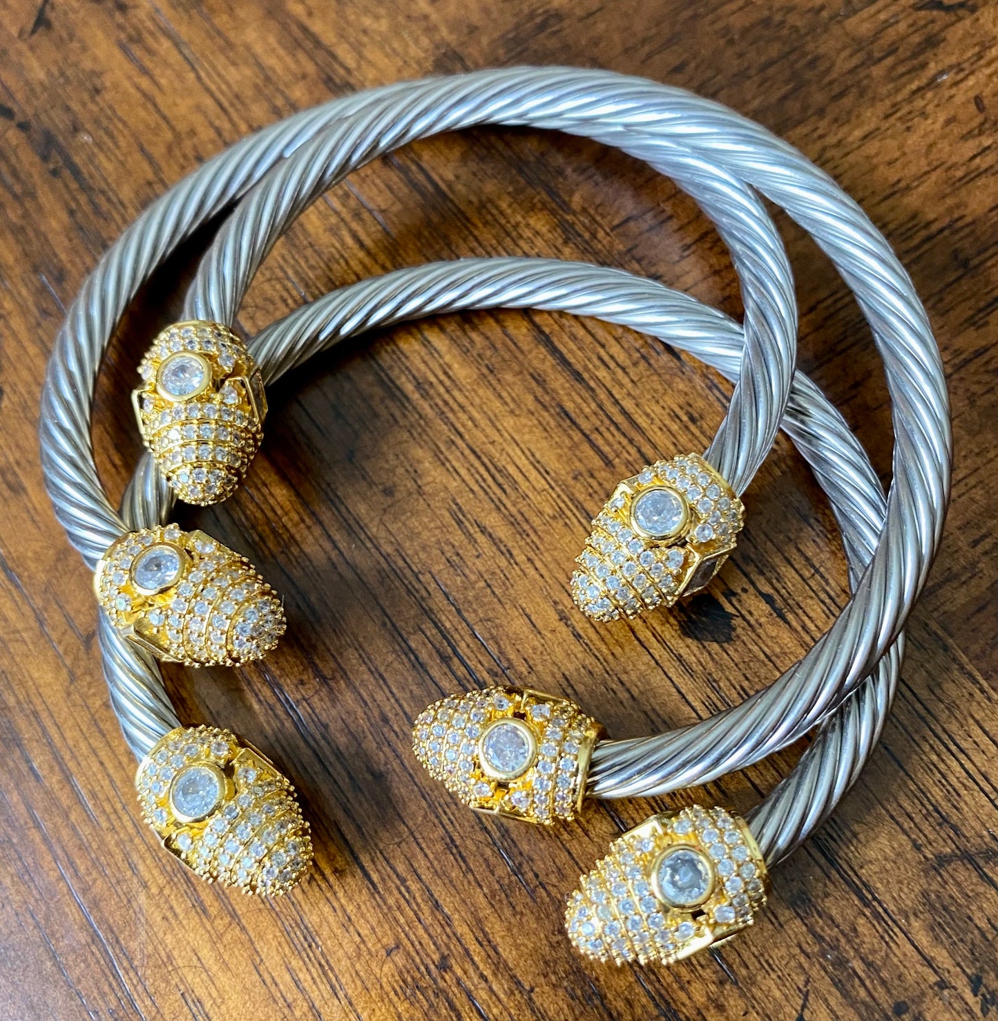 Cable Wire Bracelet with Crystal Accent End Caps
