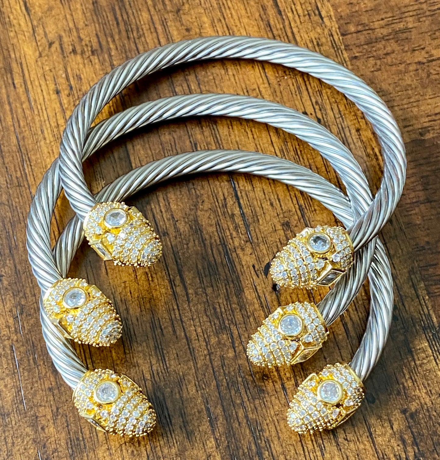 Cable Wire Bracelet with Crystal Accent End Caps