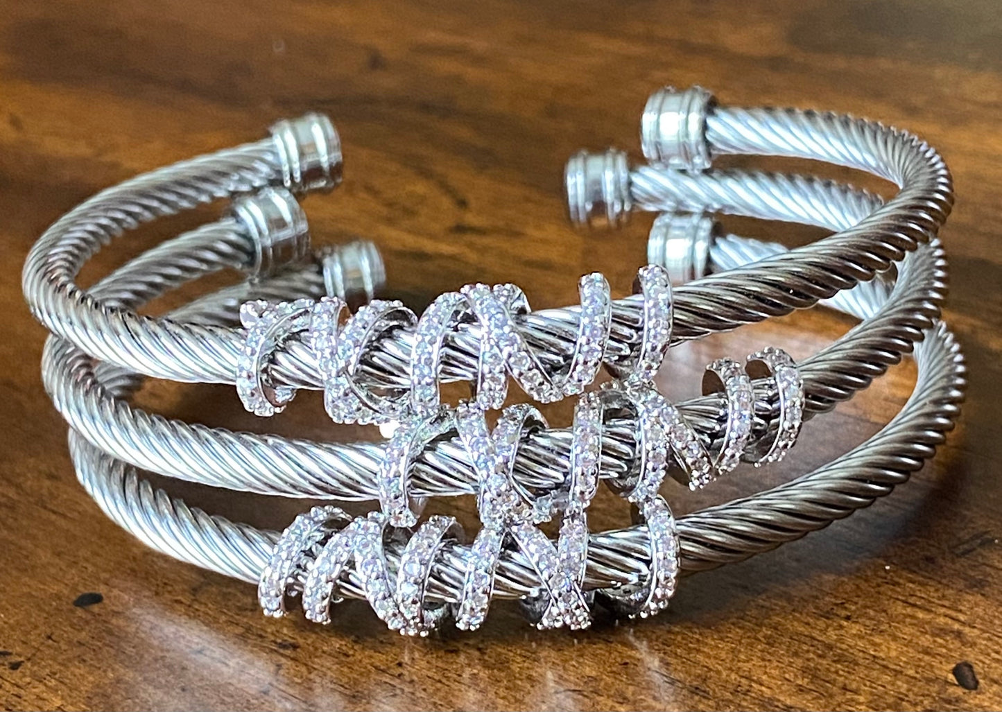 Cable Wire Bracelet with Wrapped Crystal Accent