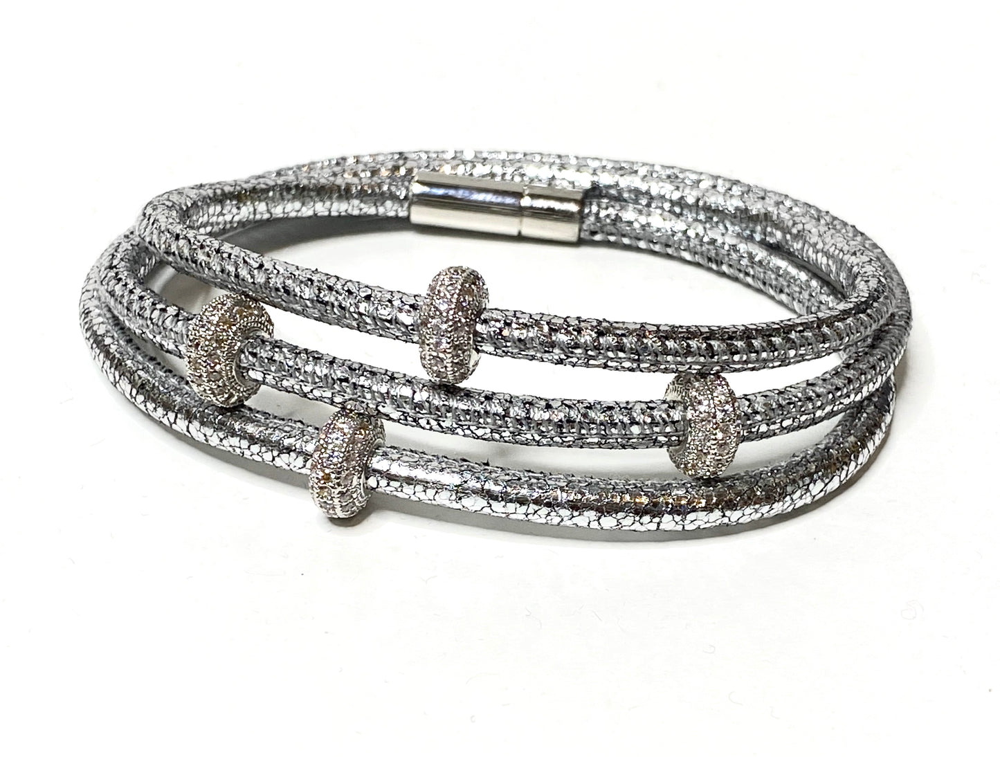 Silver Metallic Leather Wrap Bracelet