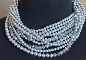 Multi-Strand Collar Necklace w/Crystal and Metallic Matte Beads