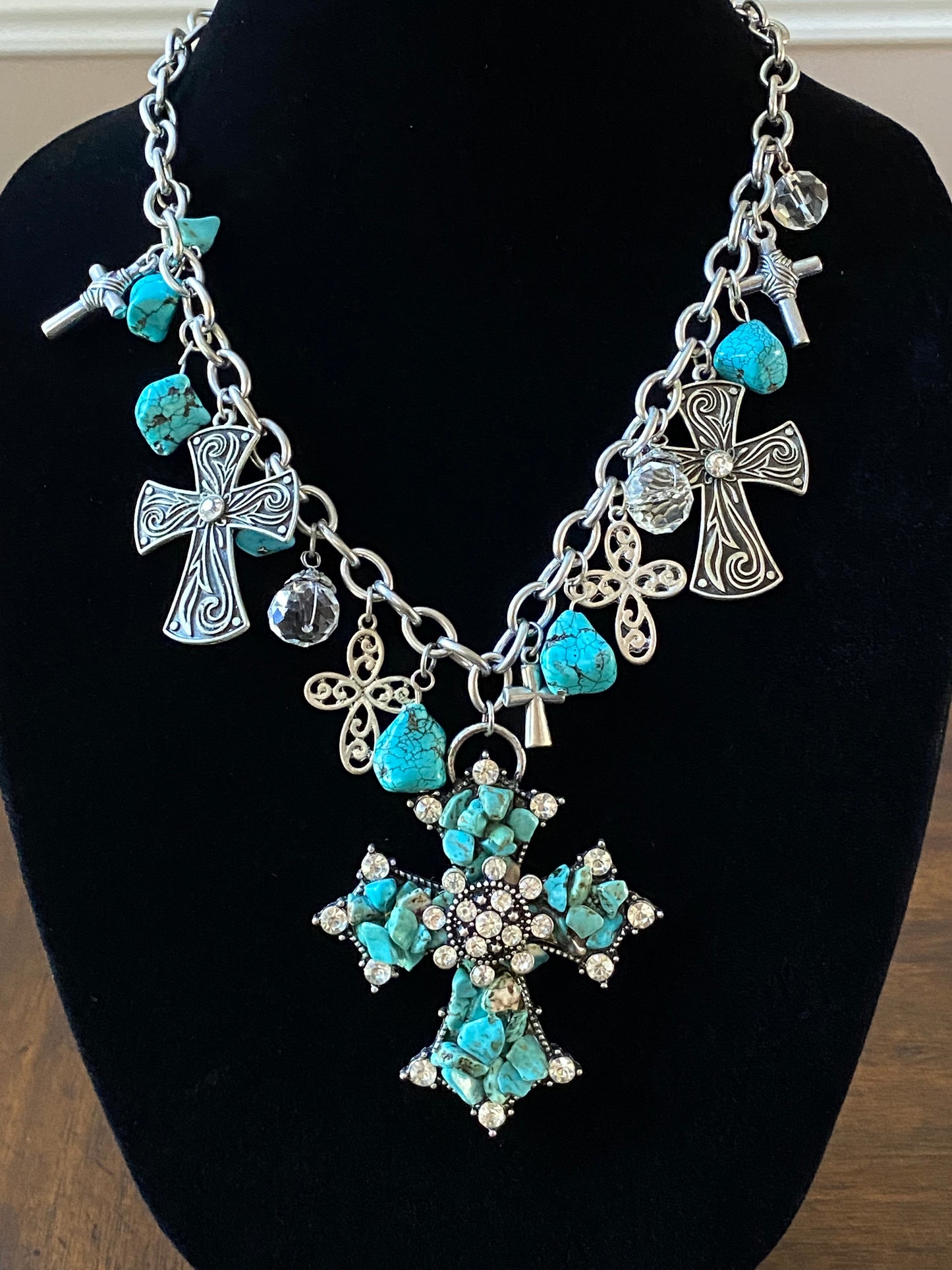 Antique Silver and Turquoise Southwestern Necklace with Cross Pendant