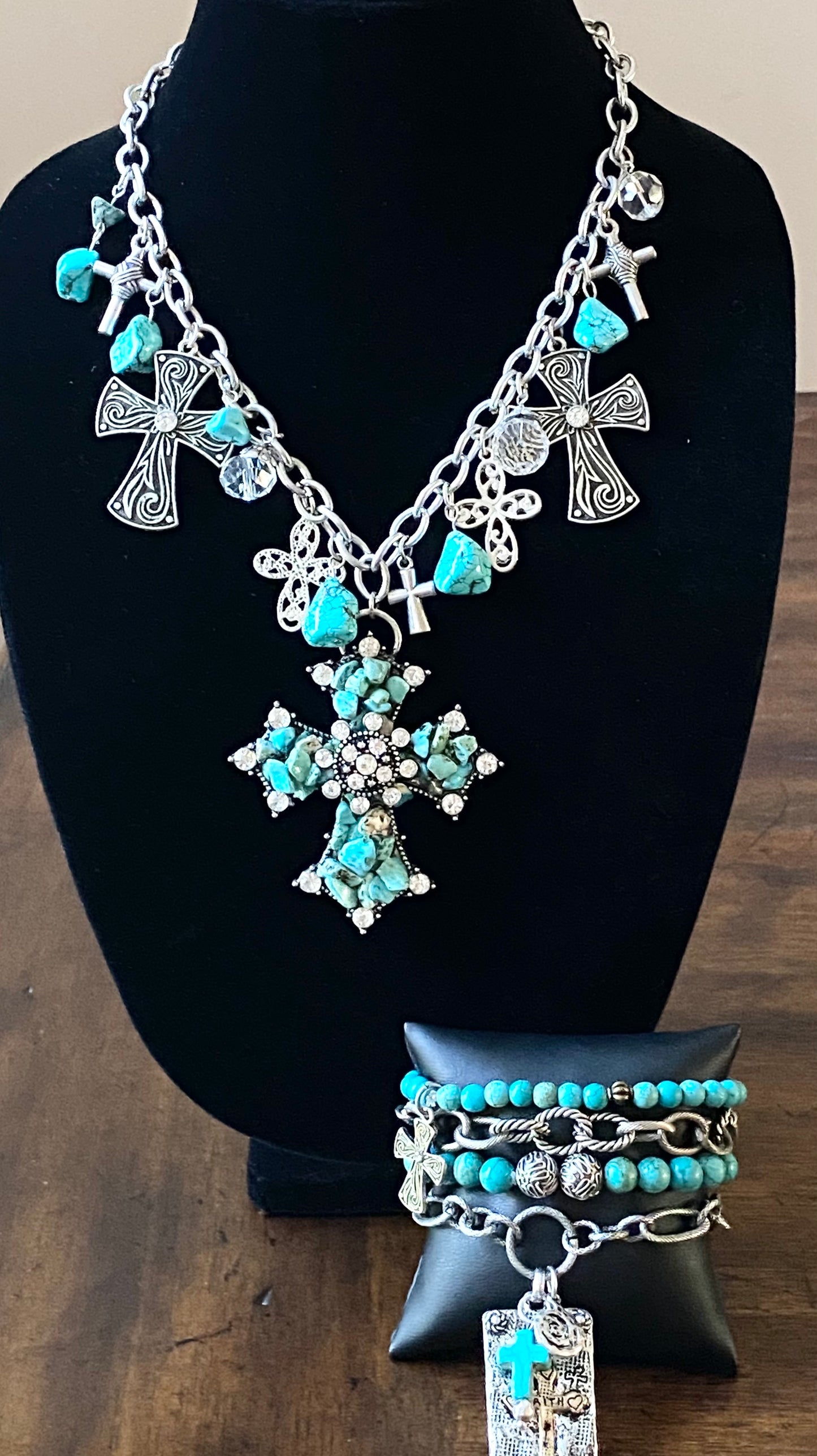 Antique Silver and Turquoise Southwestern Necklace with Cross Pendant