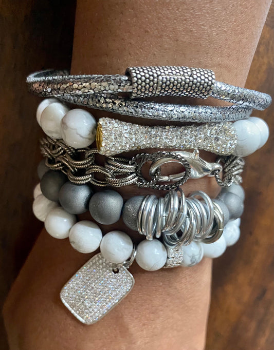 Ladies' Silver/Howlite Bead and Chain Bracelet Stack