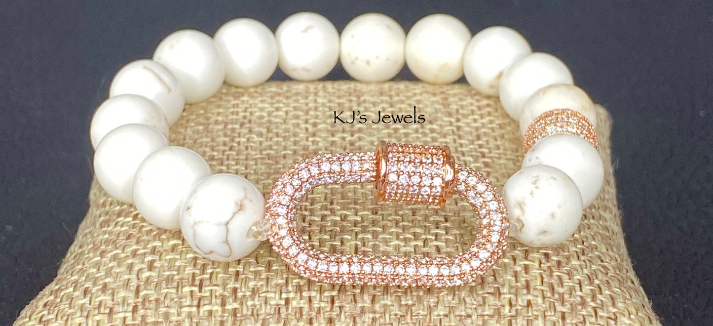 White Turquoise Stretch Bracelet with Locking Pave Rose Gold Charm