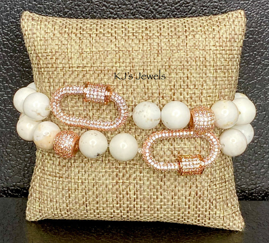 White Turquoise Stretch Bracelet with Locking Pave Rose Gold Charm