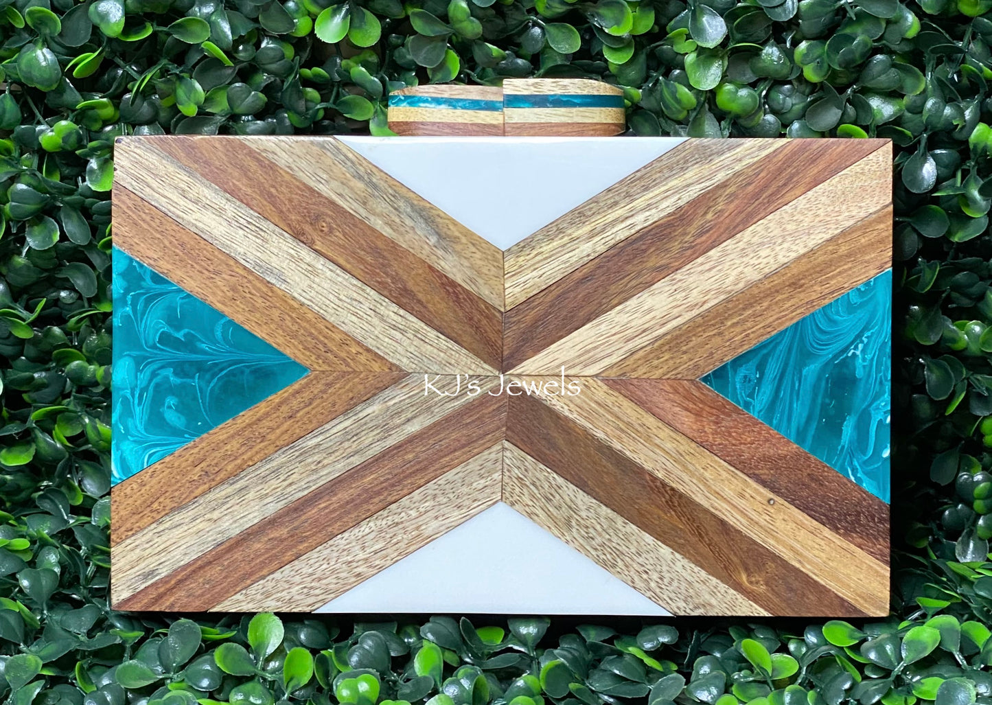 Teal Hand Painted Wooden Clutch