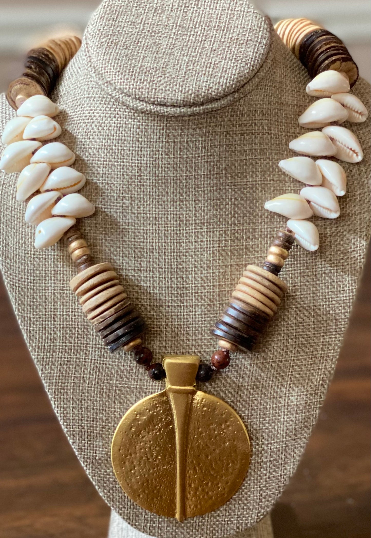 African Inspired Cowrie Shell and Wood Disc Necklace